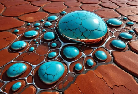 small polished and shiny turquoise peebles scatered in a delicate network of made out of liquid chrome tendrils spreading on a red flat rock, veins of chrome and silver running on a red rock formation, dusty and rocky ground, photorealism, 4k, photorealistic, deep tones,