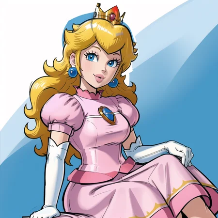 masterpiece, best quality, 4k, high res, detailed, cartoon, cartoon artstyle, anime,, <lora:PrincessPeach2B:0.9>, 1girl, solo, long hair, looking at viewer, smile, blue eyes, blonde hair, gloves, white background, dress, jewelry, sitting, earrings, elbow gloves, puffy sleeves, white gloves, puffy short sleeves, lips, crown, pink dress, princess peach