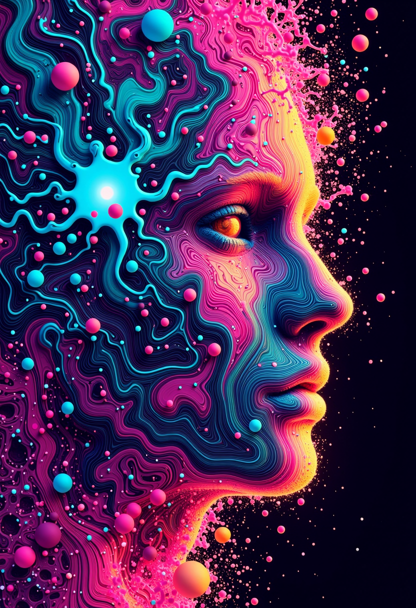 A psychedelic and trippy album cover design for "CONNECTION25" DJ project. Geometric patterns intertwine with electric, neon-colored ink splats. Vibrant, swirling fractals create a mesmerizing optical illusion. Abstract shapes morph and flow, evoking a sense of musical rhythm and energy. Intense, saturated colors blend and clash in a hypnotic dance. Incorporate subtle circuit-like patterns to hint at electronic music. The overall composition should be balanced yet dynamic, drawing the viewer's eye across the entire image. Technical parameters:

    Use Stable Diffusion with flux
    Apply lora:Ink_Splats:1
    Set score_9, score_8_up, score_7_up for high-quality output
    Emphasize psychedelic, trippy, geometric, and electric elements

