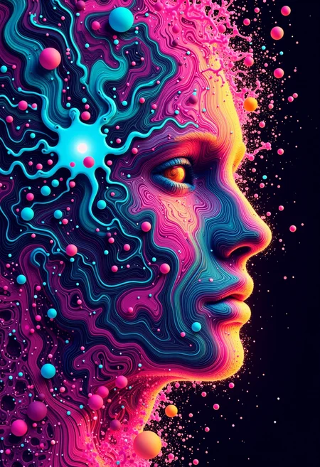 A psychedelic and trippy album cover design for "CONNECTION25" DJ project. Geometric patterns intertwine with electric, neon-colored ink splats. Vibrant, swirling fractals create a mesmerizing optical illusion. Abstract shapes morph and flow, evoking a sense of musical rhythm and energy. Intense, saturated colors blend and clash in a hypnotic dance. Incorporate subtle circuit-like patterns to hint at electronic music. The overall composition should be balanced yet dynamic, drawing the viewer's eye across the entire image. Technical parameters:
Use Stable Diffusion with flux
Apply lora:Ink_Splats:1
Set score_9, score_8_up, score_7_up for high-quality output
Emphasize psychedelic, trippy, geometric, and electric elements