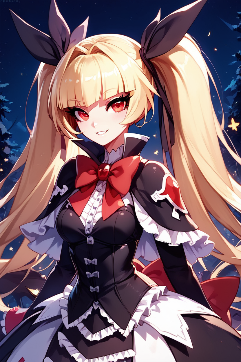 score_9, score_8_up, score_8, medium breasts, (curvy), cute, eyelashes,       ,,, , ,,,  zzRachel, long hair, blonde hair, red eyes, twintails, very long hair, bow, ribbon, hair ribbon, red bow, black dress, frills, <lora:RachelAlucard_PDXL:1.0>, hands behind back, leaning forward,  ,,,, BREAK, ,,, upper body, smile, looking at viewer, ,,, shiny skin, <lora:ProAnime_PDXL_v1:0.8>, night, soft shadows, moonlight reflecting off skin, whisper of wind, ,,, embedding:zPDXL, Expressiveh, <lora:SDXLFaeTastic2400:0.5>, <lora:Expressive_H-000001:0.4>,
