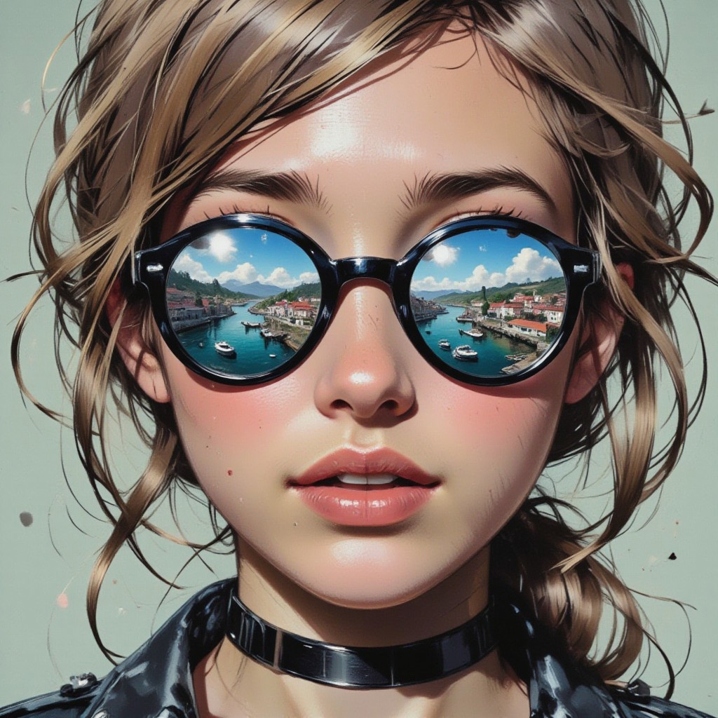 in the style of ck-mgs, nistyle, Special Ink-drawing mode, intricate linework with expressive contrasts, Inkplash art on rice paper, bluetone, henna , Silhouette Art, magnificent, inksplash closeup portrait of stunning woman, blonde hair, mirrorred aviator sunglasses reflecting a seaside town