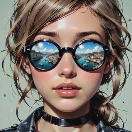 in the style of ck-mgs, nistyle, Special Ink-drawing mode, intricate linework with expressive contrasts, Inkplash art on rice paper, bluetone, henna , Silhouette Art, magnificent, inksplash closeup portrait of stunning woman, blonde hair, mirrorred aviator sunglasses reflecting a seaside town