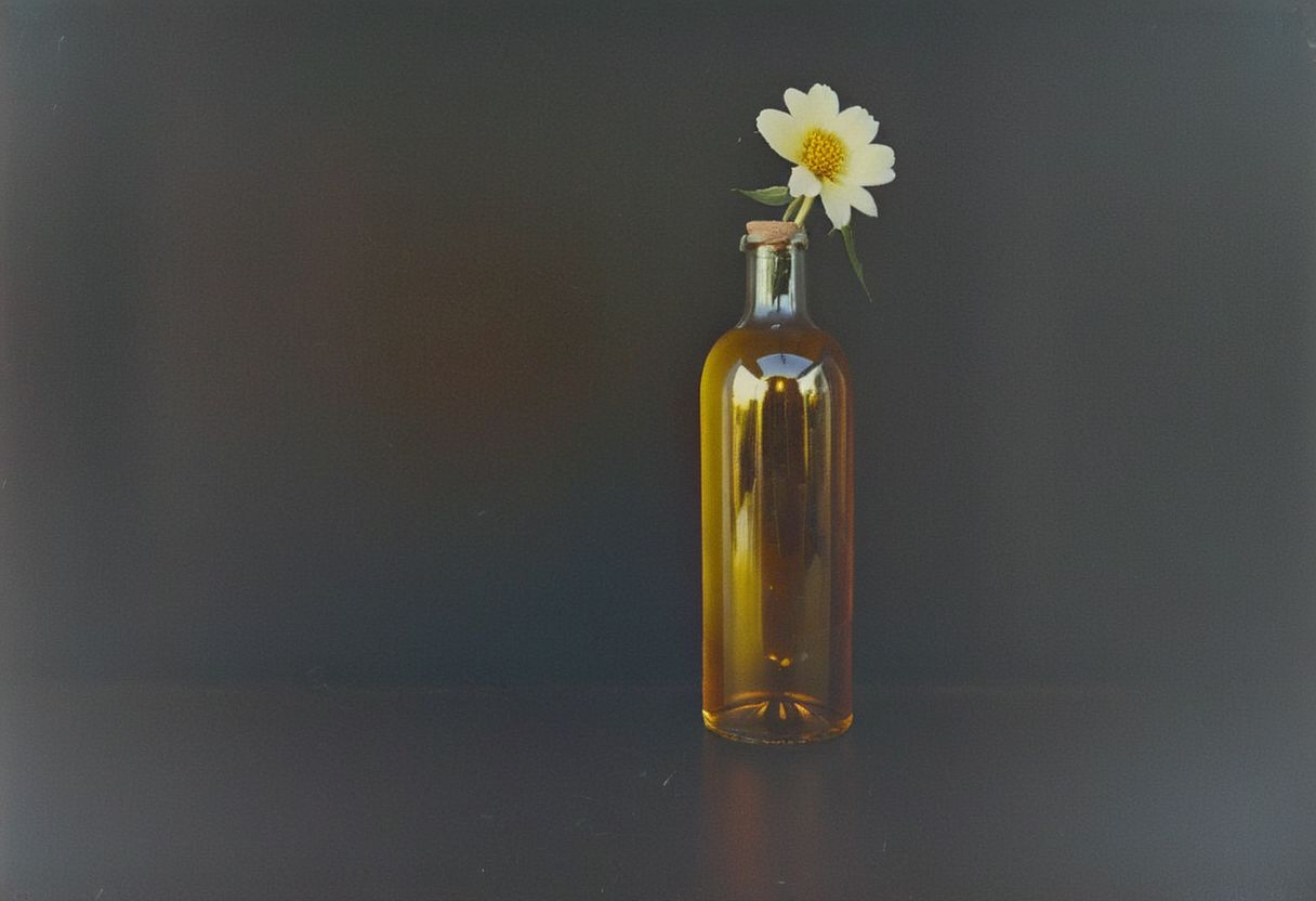 zenit_kodak_gold, instagram photo,a bottle with a flower, hard shadows, film grain
