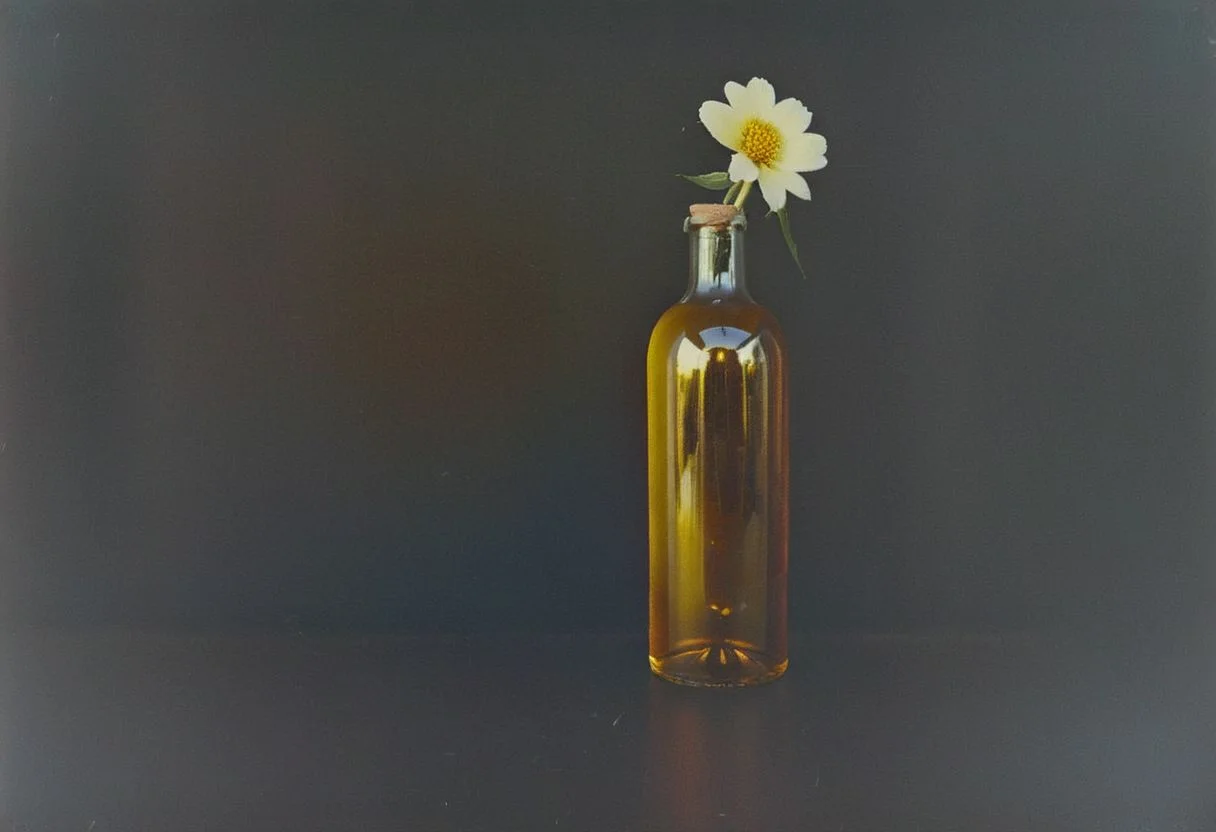 zenit_kodak_gold, instagram photo,a bottle with a flower, hard shadows, film grain