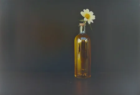 zenit_kodak_gold, instagram photo,a bottle with a flower, hard shadows, film grain