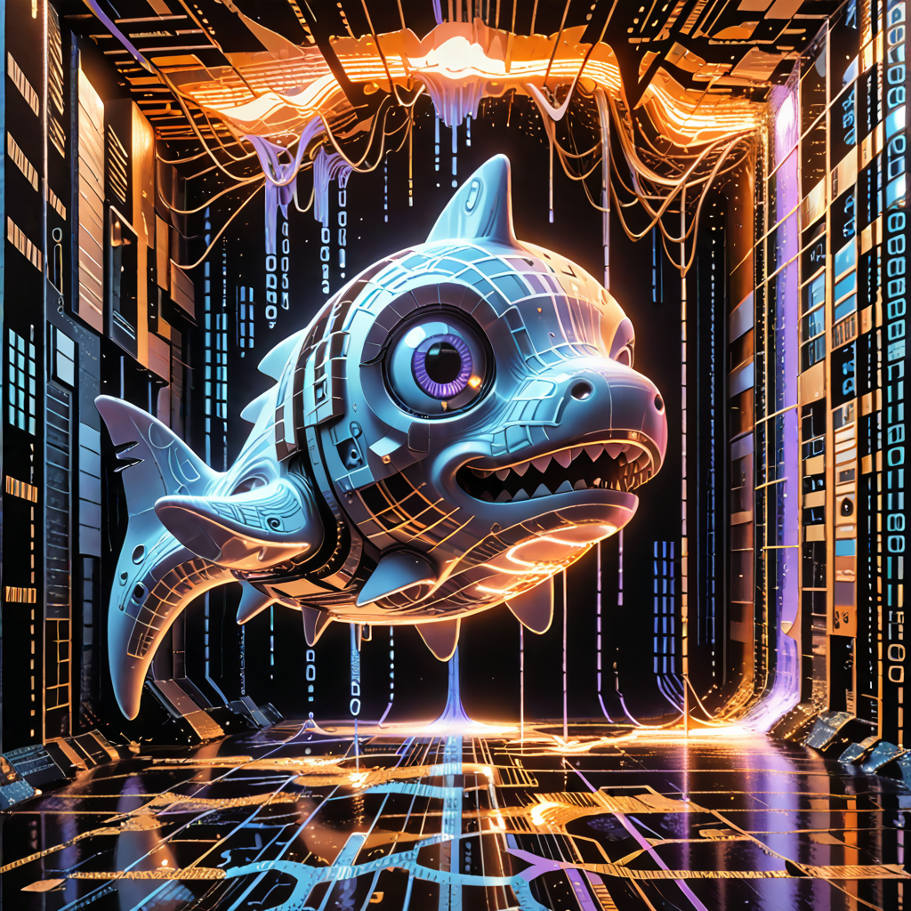 detailed, realistic, 8k uhd, high quality, source anime, illustration, masterpiece, shark, under water,  codeandigital,  , , science fiction, matrix background, dynamic angle, cinematic light   <lora:Code__Digital_World_Morph_PONY_XL_by_UOC:1.2> <lora:spo_sdxl_10ep_4k-data_lora_webui> <lora:dmd2_sdxl_4step_lora_fp16>