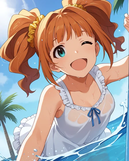 rating_questionable,
<lora:TakatsukiYayoi_pony_v1:1> tktkyyi, long hair, orange hair, twintails, hair scrunchie, bangs, aqua eyes, small breasts,
sundress, beach, open mouth, smile, see-through silhouette, dutch angle, wading, wet, wet clothes, splashing, one eye closed,
palm tree,
<lora:Pony_DetailV2.0:1>, score_9, score_8_up, score_7_up, source_anime,