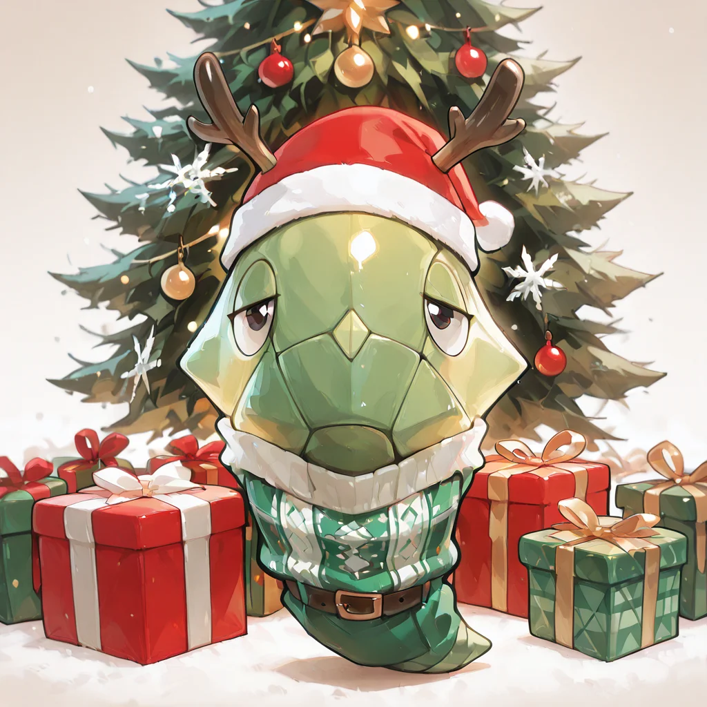 (masterpiece), (best quality), (ultra-detailed), metapod, full body, front view, clothed pokemon, no hands, no arms, wearing red santa hat, fur trim, green christmas jumper, green Christmas sweater, Gingham or Plaid design, sweater patterns include snowflakes and reindeer, belt, santa claus, christmas tree, gift box, christmas ornaments, looking at viewer, half-closed eyes, Christmas theme, illustration, perfect composition, intricate details