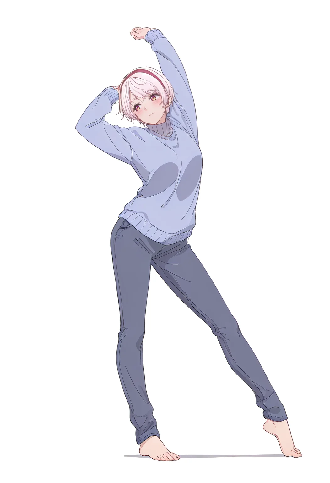 Smooth Quality,masterpiece,beautiful aesthetic, very intricate, high quality details, ultra realistic, high detailed skin,
simple background, white background,
blush,front view,stretching pose, arms raised above head, one foot on tiptoe, slight back arch, elegant silhouette, ,
pants,,sweater,
<lora:Natsukawa_Renacnn:0.8> rena/cnn, 1girl, short hair,