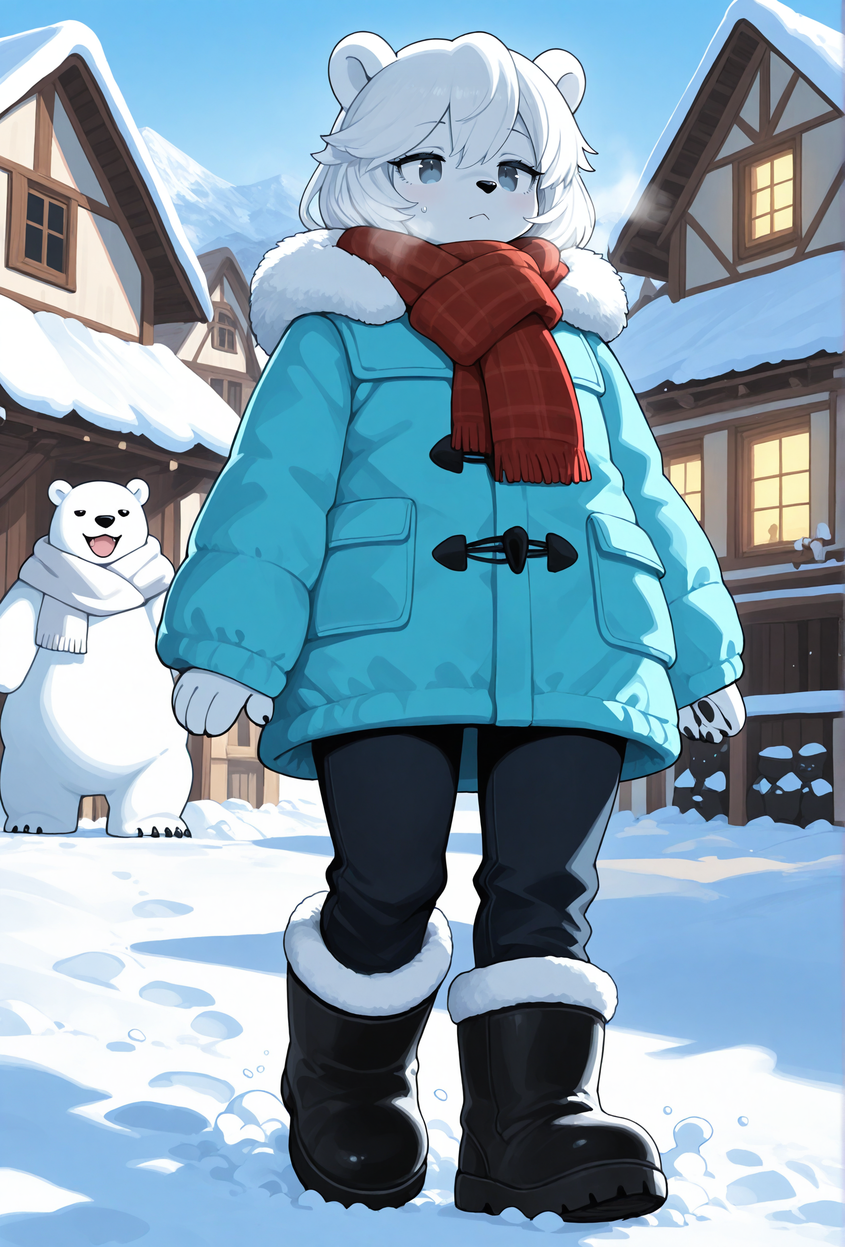 masterpiece,best quality,amazing quality, <lora:menthak0_style_illustrious_v1f:1> mk0style, 1girl, furry, polar bear, white hair, scarf, BREAK
winter coat, pants, snow boots, snow, winter, village,