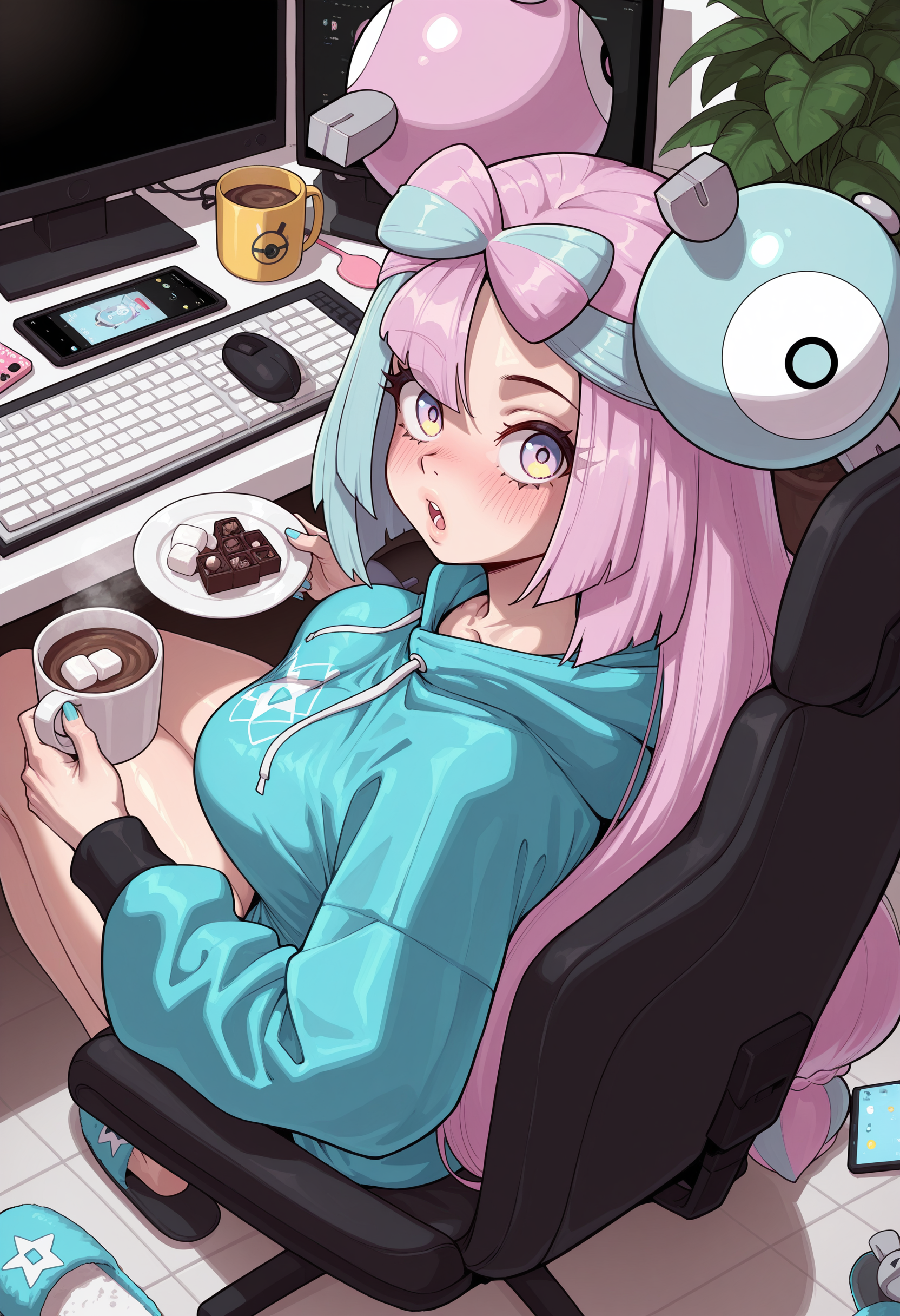 <lora:liuskin:1>, liuskin style,masterpiece, highres, absurdres,amazing quality, best quality, detailed background, 8k, 1girl, iono (pokemon),blush,box,box of chocolates,braid,breasts,cellphone,computer keyboard,computer mouse,controller,cup,fingernails,food,from above,game controller,holding,holding cup,hood,hoodie,hot chocolate,large breasts,legs,looking back,marshmallow,microphone,monitor,mug,nail polish,open mouth,phone,plant,plate,ribbon,slippers,smartphone,solo,spoon,swivel chair,unworn slippers,upturned eyes