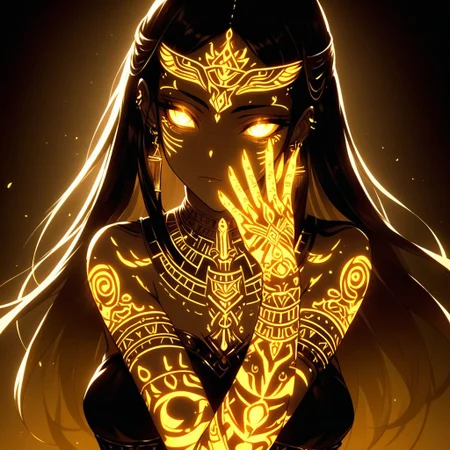 A female anime character with intricate glowing Yellow Egyptians tattoos covering her arms, hands, and face. The tattoos emit a soft, radiant glow that contrasts against her dark, form-fitting outfit. Her expression is calm and mysterious, with a dreamlike ambiance surrounding her. The character has long, smooth hair decorated with elegant metal hairpins and glowing accents. The background is dimly lit, creating an otherworldly and ethereal atmosphere, with soft shadows emphasizing her glowing features. The mood is mystical, highlighting the elegance and supernatural energy of the glowing Egyptians tattoos.