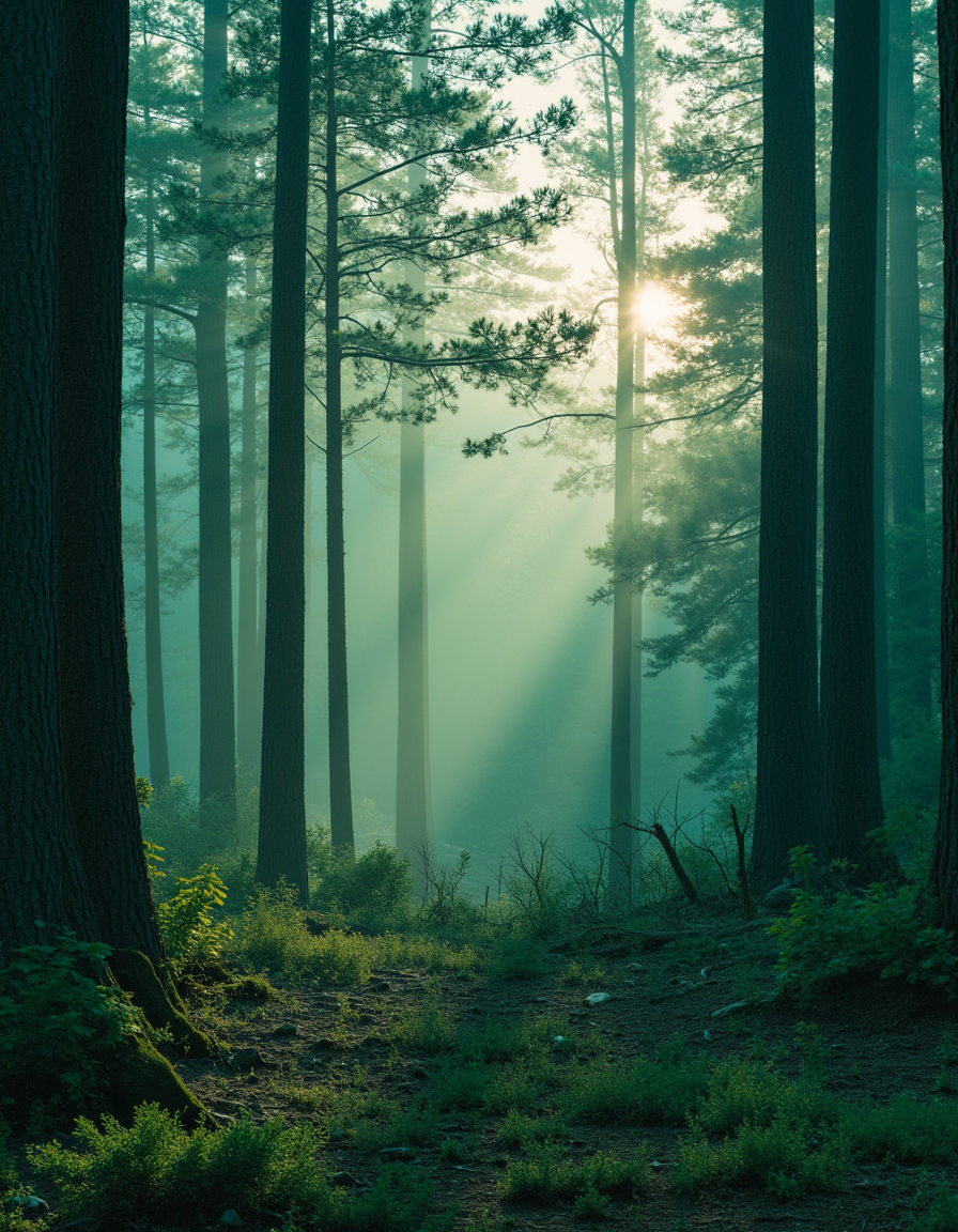 touch of verdigris style photograph, a dense pine forest with sunlight filtering through the mist