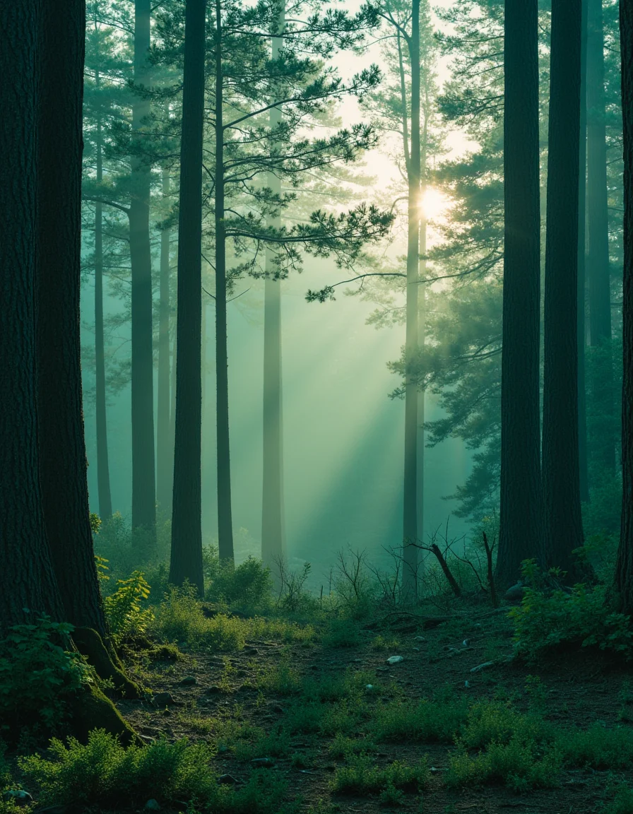 touch of verdigris style photograph, a dense pine forest with sunlight filtering through the mist