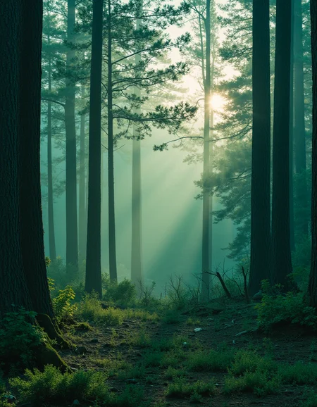 touch of verdigris style photograph, a dense pine forest with sunlight filtering through the mist