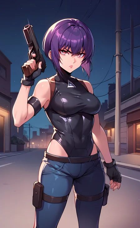 score_9, score_8_up, score_7_up,  source_anime, <lora:motoko_2045:1> motoko2045xl, purple hair, short hair, lips, cyborg, pink eyes, medium breasts, fingerless gloves, black gloves, black leotard, highleg leotard, hip vent, blue pants, arm strap, bare shoulders, belt, kusanagi motoko, standing, dynamic pose, holding gun, gun, street, outdoors, night, serious, v-shaped eyebrows,