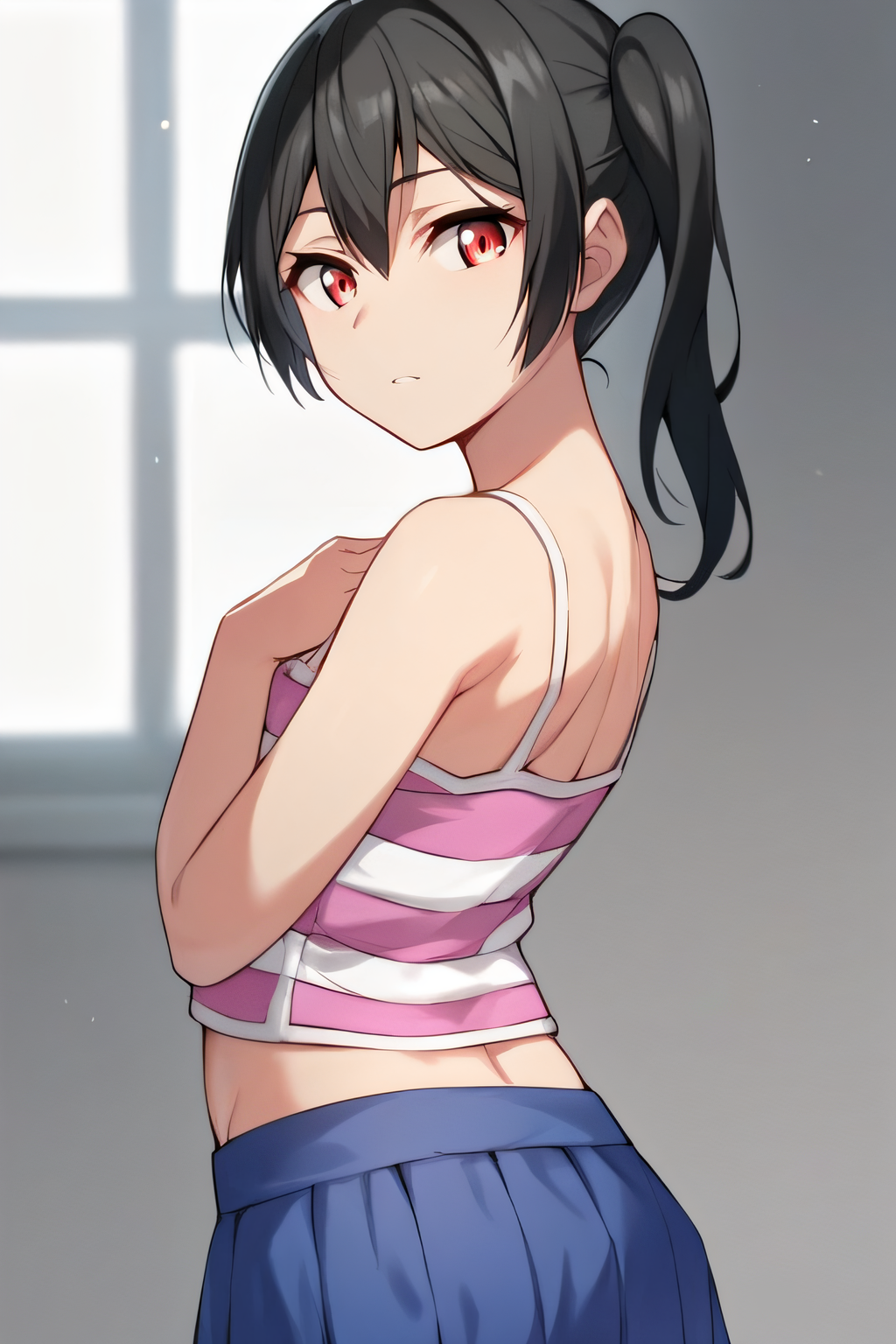 score_9, score_8_up, score_7_up, score_6_up, score_5_up, score_4_up, BREAK source_anime, masterpiece, best quality, ultra quality, <lora:PONY_Sadako:1>, sadako, black hair, red eyes, side ponytail, camisole, blue skirt, looking at viewer, standing, back view, hands on chest, expressionless, parted lips, tummy