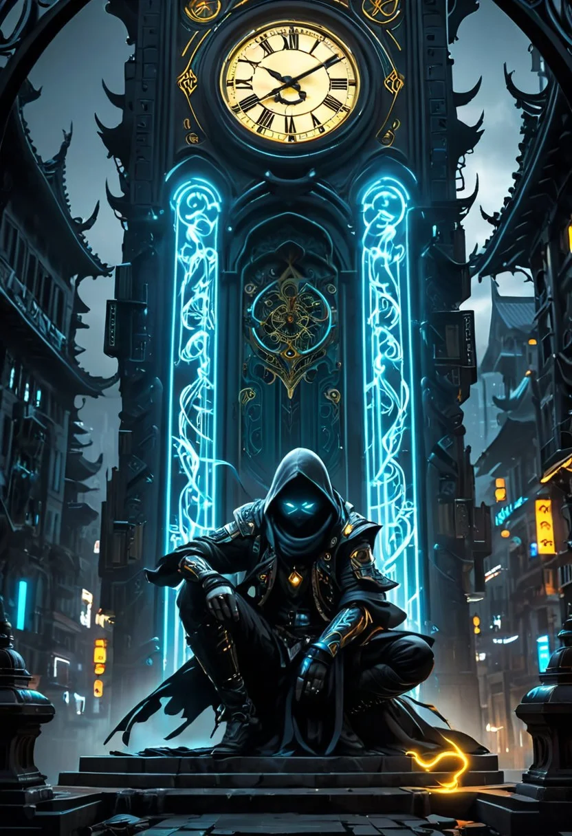 Assasin, A closeup of fantastical image of a assasin false glory, darkness of night fall, Their filled with power and determination, clad in flowing, flowing scarf, wielding an scarf ornate, scarf ornate, as they wield the scarf n a fluid, sword carried behind the body, squatting on the roof of the clock tower building like an assassin, sitting squatting pose, hands touch the ground, squatting all four, action pose, clock tower, from behind view, cyberpunk city, neon city, skindentation, glowing, shiny, scifi, neon lights, intricate artistic color, cinematic light, radiant, vibrant, perfect symmetry, Grayscale, Dramatic spotlight, highly color focused, dynamic motion, very dark,