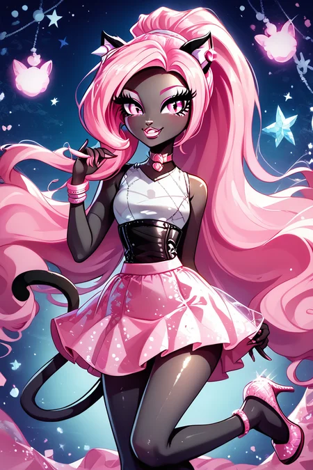 score_9, score_8_up, score_8, medium breasts, (curvy), cute, eyelashes, ,,, , ,,, zzCattyNoir, pink eyes, pink eyeshadow, long hair, pink hair, ponytail, tail, very long hair, black skin, cat ears, cat tail, makeup, sleeveless, pink skirt, idol, jewelry, eyeshadow, high heels, lipstick, <lora:CattyNoir_MH_PDXL:1.0>, ,,,, BREAK, ,,, upper body, smile, looking at viewer, ,,, shiny skin, <lora:ProAnime_PDXL_v1:0.8>, night, soft shadows, moonlight reflecting off skin, whisper of wind, ,,, embedding:zPDXL, Expressiveh, <lora:SDXLFaeTastic2400:0.5>, <lora:Expressive_H-000001:0.4>,