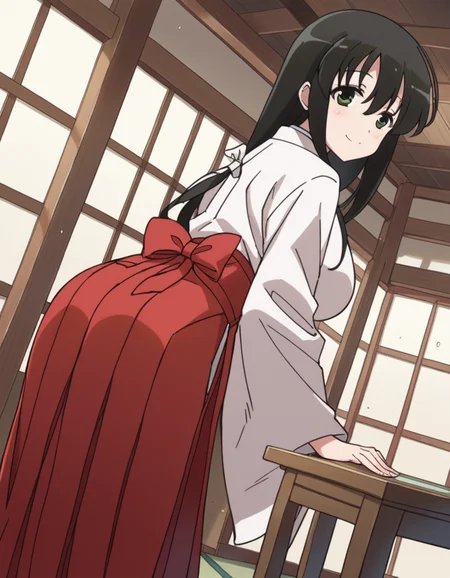 score_9, score_8_up, score_7_up, source_anime,
kasumiiwato, <lora:kasumi-iwato-s2-ponyxl-lora-nochekaiser:1>,
kasumi iwato, long hair, black hair, green eyes, hair between eyes, large breasts,
skirt, japanese clothes, hakama, hakama skirt, miko, red hakama,
indoors, dojo, bent over, smile,
cowboy shot, looking at viewer, solo, dutch angle,