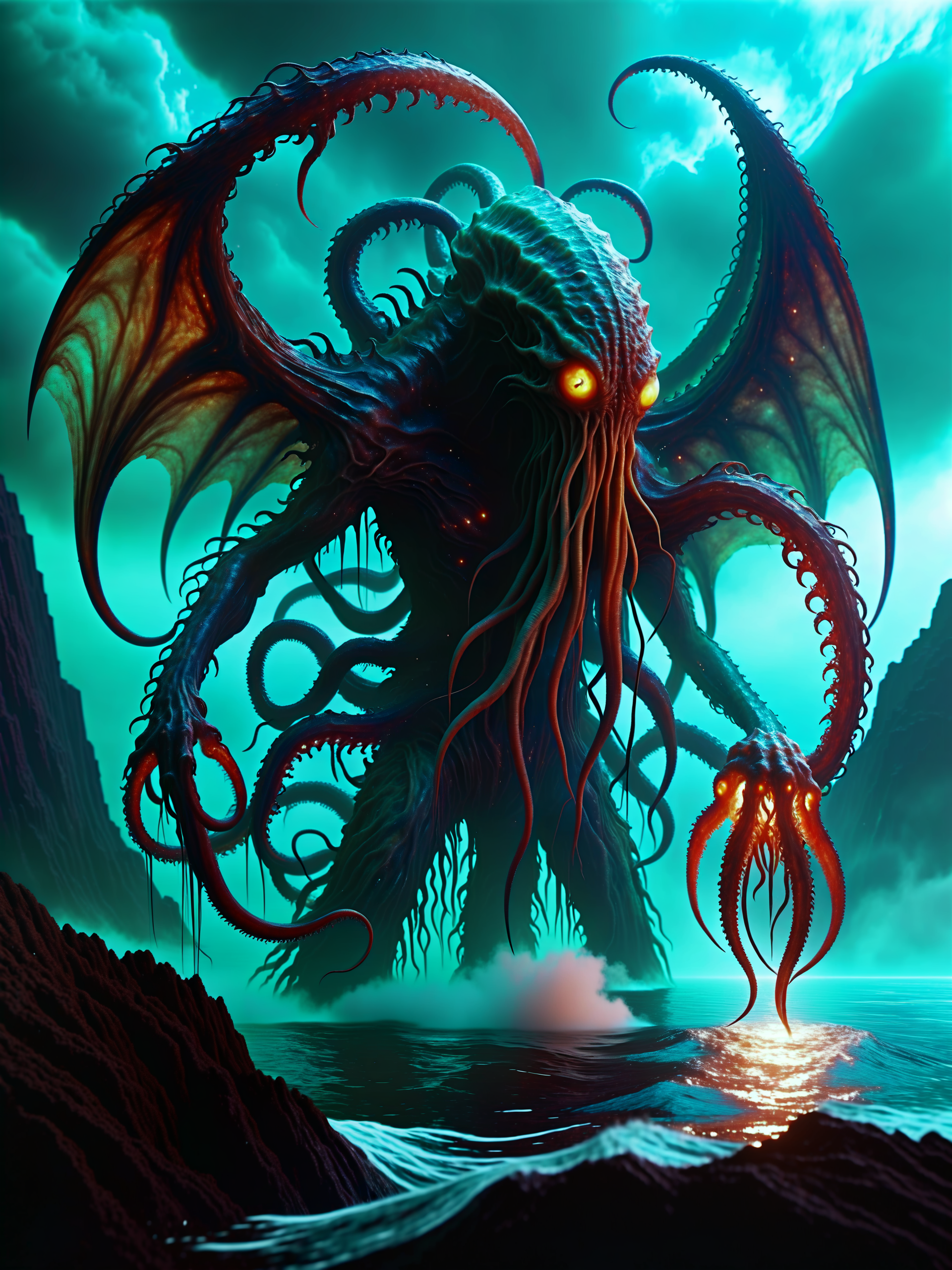 (movie poster style:1.3), realistic,inspired by (emily kell:1.2), dark night, full body view of a (gigantic:1.1) malevolent artialien titan with an aura of (lovecraftian cosmic horror:1.3) with (several enormous kraken-like tentacles:1.2) growing on its back, emerging from a churning otherworldly ocean, it has muscular arms with (huge claws:1.3), (translucent skin:1.1), (unholy glowing eyes with bright pupils:1.3), it is (exuding an aura of ominous eldritch energy:1.8), (surreal vegetation:1.2) on a (dark bizarre and otherworldly planet:1.3), (dramatic sky:1.3), tall cliffs, galactic nebula, demonic, glowing, bioluminescence, cthulhu mythos, (fractal:0.8), vntblk, sss, subsurface scattering, (lime green:1.1), (beige:1.1), ultra detailed, overall_detail-xl-by_kaleidia <lora:subsurface_scattering_aka_what_does_the_snake_say-xl-by_ajuro:0.48> <lora:style-matte_black_contrast-xl-v3-by_tijuanaslumlord:0.76> <lora:realistic_alien-xl-by_artifyai:0.48> <lora:midjourney_mimic-xl-by_andrexsel:0.56> <lora:envybetterhiresfixxl01-xl:0.0:hr=1.0>