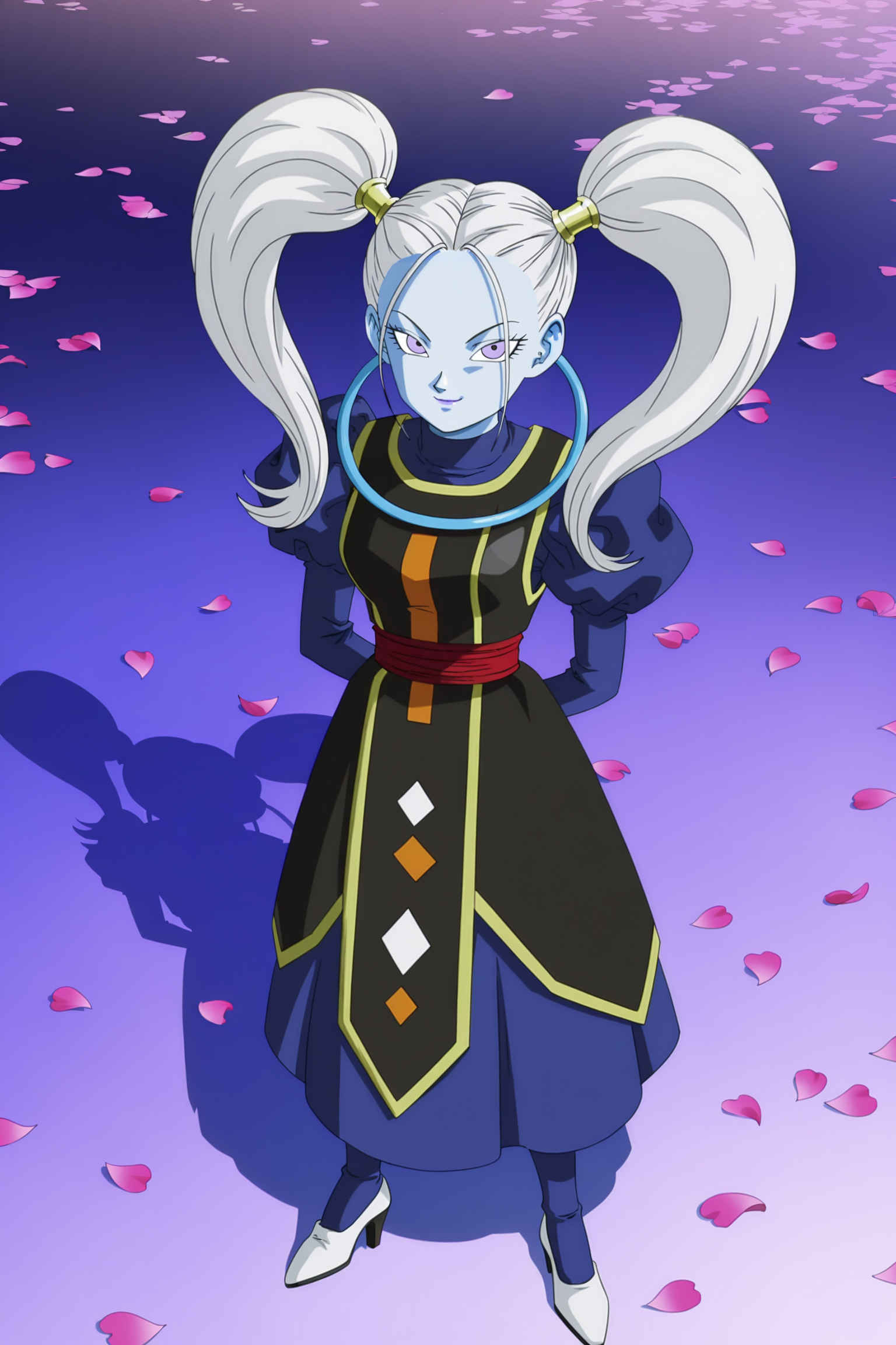 anime screencap, absurdres, high quality,  official style,
marcarita \(dragon ball\), 1girl, solo, long hair, looking at viewer, smile, twintails, purple eyes, white hair, dappled sunlight, v-shaped eyebrows, petals, makeup, colored skin, from above, blue skin, arm behind back, black dress, blue legwear, blue skirt, blue undershirt, gold trim, juliet sleeves, long sleeves, long skirt, print dress, standing, red sash, sleeveless dress, puffy sleeves, turtleneck, white footwear, high heels, eyelashes, neck ring, pantyhose, underskirt
 <lora:Angels_IL:0.8>