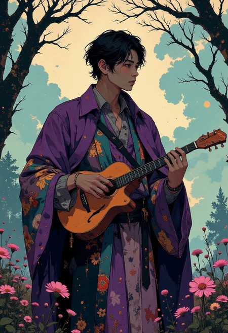 The minstrel plays a mandolin, his fingers gliding over the strings, recreating melodies of past times, melancholy and soothing.