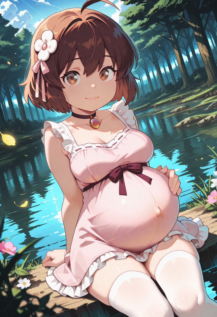 score_9, score_8_up, score_8, highly detailed, masterpiece, source_anime, medium breasts, cinematic light, hyper cute style, cinematic lighting, depth of field, volumetric lighting, highres, absurdres. realistic, highs details, depth of field, intricate details, (hyperdetailed), high detail, best quality, very aesthetic BREAK 1girl, solo, masterpiece, best quality, good quality, amazing quality, newest, 4k, perfect lighting, cinematic, very aesthetic, official art, anime screencap, anime coloring, light smile, sitting, lake, cowboy shot, dynamic angle, BREAK, brown hair, hair ornament, brown eyes, ahoge, short hair, pendant choker, pink dress, frills, ribbon, collarbone, white thigh highs, pink footwear, source_anime, very aesthetic, anime coloring, masterpiece, best quality, amazing quality, ultra detailed, very aesthetic, detailed background, BREAK, forest, flowers, clouds, day, floating leaves, looking at viewer. Pregnant,