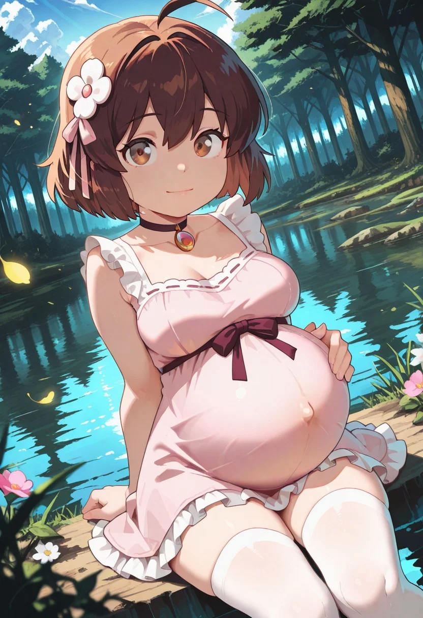 score_9, score_8_up, score_8, highly detailed, masterpiece, source_anime, medium breasts, cinematic light, hyper cute style, cinematic lighting, depth of field, volumetric lighting, highres, absurdres. realistic, highs details, depth of field, intricate details, (hyperdetailed), high detail, best quality, very aesthetic BREAK 1girl, solo, masterpiece, best quality, good quality, amazing quality, newest, 4k, perfect lighting, cinematic, very aesthetic, official art, anime screencap, anime coloring, light smile, sitting, lake, cowboy shot, dynamic angle, BREAK, brown hair, hair ornament, brown eyes, ahoge, short hair, pendant choker, pink dress, frills, ribbon, collarbone, white thigh highs, pink footwear, source_anime, very aesthetic, anime coloring, masterpiece, best quality, amazing quality, ultra detailed, very aesthetic, detailed background, BREAK, forest, flowers, clouds, day, floating leaves, looking at viewer. Pregnant,