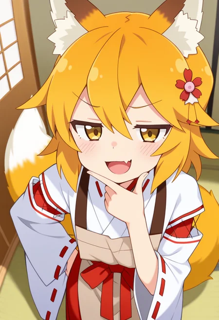 masterpiece, 1girl, ct_s3nko, short hair, blonde hair, yellow eyes, fox ears, fox tail, hair flower, kimono, ribbon trim, brown apron, wide sleeves, detached sleeves, red hakama,  indoors, looking at viewer,  smug, from above, foreshortening, skin fang, open mouth, hand on chin,<lora:Senko_Illus_ct:1>