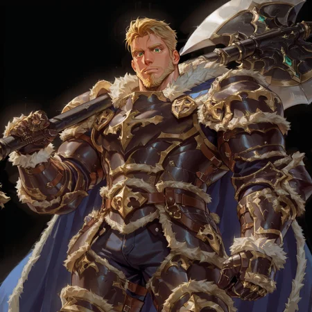 <lora:Mozein_Alchemist_Code-000003:.8>, (tagatamemozain, 1boy, blonde hair, short hair, green eyes, beard, solo, male focus, manly, mature male, bara, muscle body, fur trim, cape, armor, gauntlet, boots, grabbing battle axe,)
looking at the viewer, cowboy shot, 
(very short hair, beard, bara, mature, facial hair, stubble, beard, full beard, sideburn, beard, a lot of beard, ), facial hair,male focus, muscular male, muscular male, bara, mature,  bara, mature, aixiwuganda_(20222192), very awa, masterpiece, best quality, absurdres, newest, perfect quality, detailed background, intricate details,
<lora:slider_Body Type_alpha1.0_rank4_noxattn_last:3><lora:Anime Summer Days 2 Style SDXL_LoRA_Pony Diffusion V6 XL:.6><lora:slider_cfg_scale_boost:.7><lora:Artist6p:.55>, Artist6p, Artist04p,<lora:slider_il_brightness_slider_d1:-1><lora:slider_il_contrast_slider_d1:-1><lora:slider_DarkSlider1.2_alpha1.0_rank16_full_300steps:-.6>