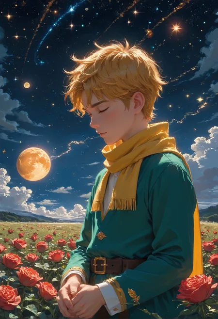 detailed background,Cinematic Lighting,film grain,score_9,score_8_up,score_7_up,zPDXL2,masterpiece,best quality,highly detailed,glowing,hand person,Expressiveh, <lora:(增强)sdxl_lightning_8step_lora:1>,<lora:glowneon_xl_v1:1>, <lora:(增强)Hands XL 4:1>,<lora:(增强)Expressive_H-000001:0.8>, <lora:Vixon\Vixon's Pony Styles Astro:0.8> , little prince, a rose, a fox, night sky, universe, yellow scarf, yellow hair, green clothes, 4str0,star \(sky\), earth \(planet\), planet,Le Petit Prince,1child