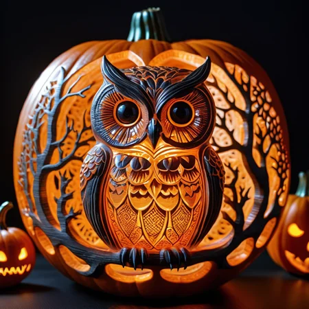 Whimsical fine carved halloween pumpkin, engraved luminosity, artistic hypermaximalist objects, magical glow, 3d etched glass pumpkin containing within enchanting owl, captivating ambiance, inspired by lantern festivals, close-up, 50mm, front view, Behance, hyperdetailed, iridescent orange, Halloween atmosphere, adorable spooky, masterpiece, great masterwork by head of prompt engineering <lora:add-detail-xl:3>