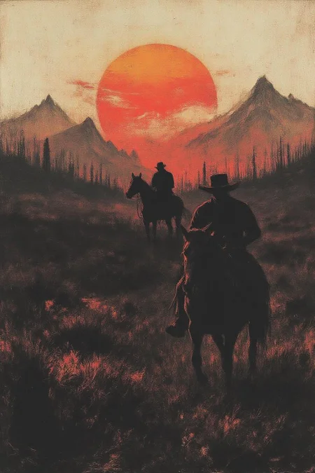 apoca1 illustration.
of a cowboy riding a horse across the wild west at sundown. Mountains in the background. <lora:apocalypse_now1_fl_d4a2:1.0><lora:802370174020838929:0>