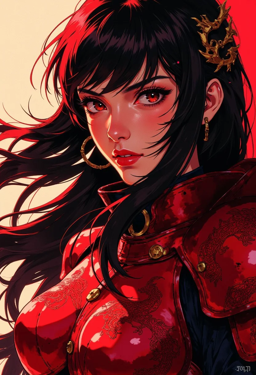 j_art, portrait of a japanese warrior princess, long hair, bangs, sidelocks, dark eyeshadow, red lips, red plated leather armour embossed with eastern dragon motif, directional light
