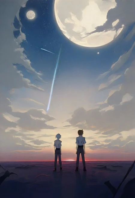 masterpiece, best quality, very aesthetic, moon ,full moon, standing back to back,masterpiece, best quality, very aesthetic, evangelion, ((2boys)), shooting stars, wide shot
BREAK
shinji ikari, short hair, brown hair, blue eyes,
BREAK
kaworu nagisa, white hair, red eyes
