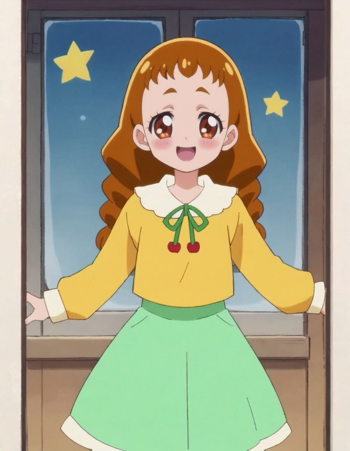 score_9, score_8_up, score_7_up, anime screencap, solo,1girl,arisugawahimari,green skirt, looking at viewer,open mouth, smile, :d, shirt, long sleeves, yellow shirt, cowboy shot,small breasts, blush,<lora:arisugawahimari:0.8>