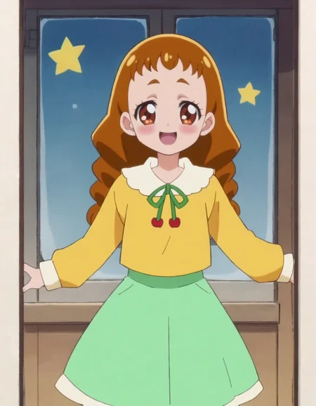 score_9, score_8_up, score_7_up, anime screencap, solo,1girl,arisugawahimari,green skirt, looking at viewer,open mouth, smile, :d, shirt, long sleeves, yellow shirt, cowboy shot,small breasts, blush,<lora:arisugawahimari:0.8>