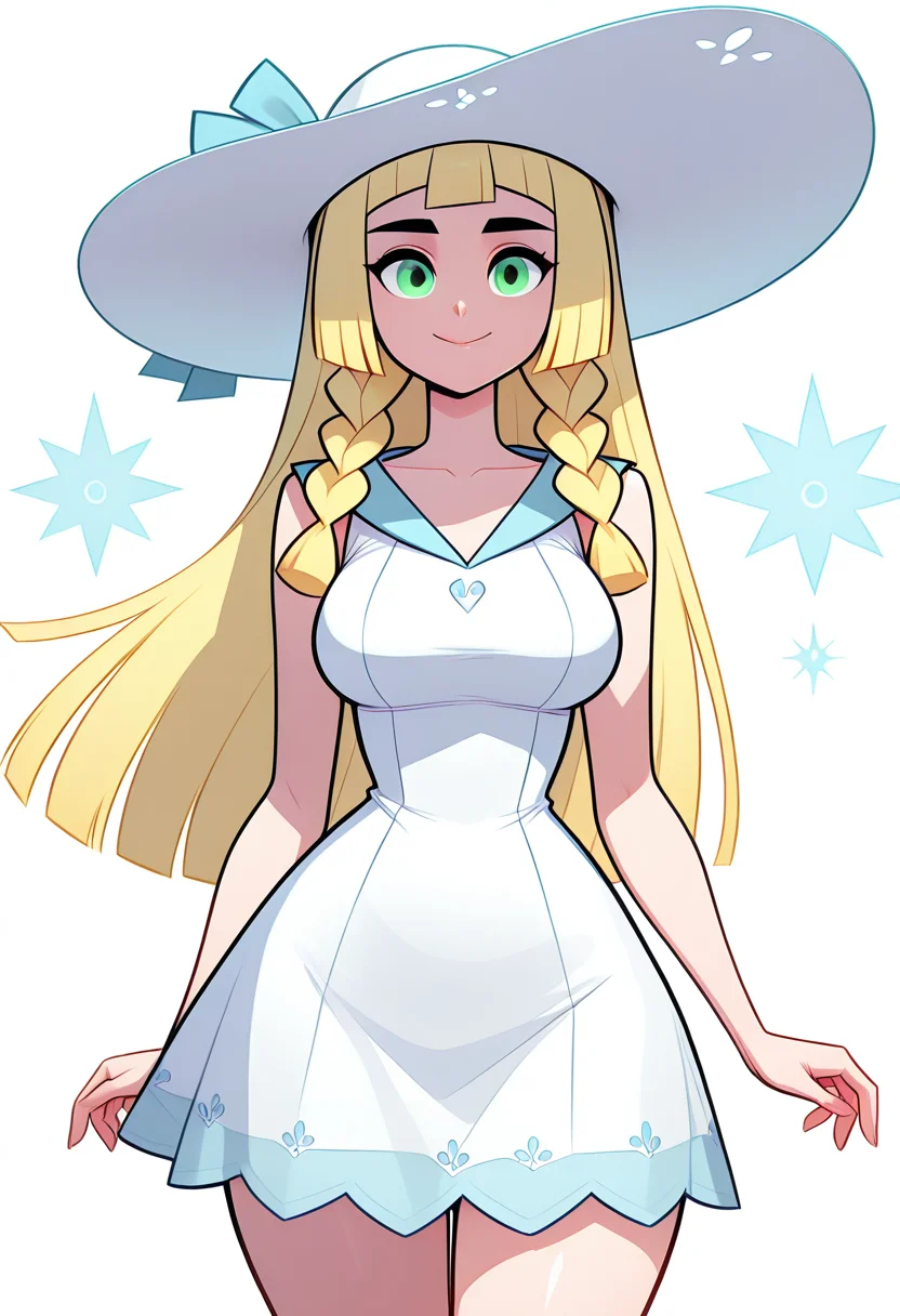 masterpiece, best quality, medium breasts, (curvy), BREAK, zzLillie, long hair, braid, sun hat, white headwear, collarbone, sleeveless dress, white dress, <lora:LilliePokemonIXL:1.0>,smile, looking at viewer, cowboy shot, <lora:Style60_IXL:1.5>,