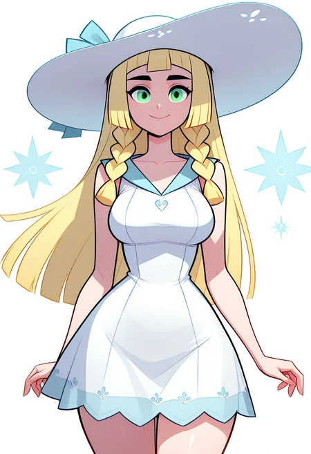 masterpiece, best quality, medium breasts, (curvy), BREAK, zzLillie, long hair, braid, sun hat, white headwear, collarbone, sleeveless dress, white dress, <lora:LilliePokemonIXL:1.0>,smile, looking at viewer, cowboy shot, <lora:Style60_IXL:1.5>,