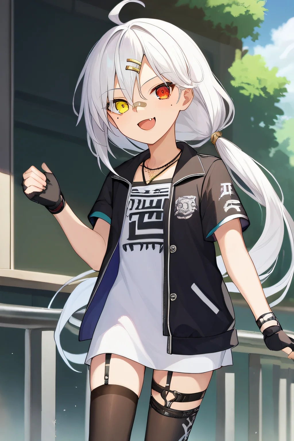score_9, score_8_up, score_7_up, source_anime, rating_safe, intricate details, anime screencap, official style, 1girl, <lora:Downes:1>, downes, white hair, heterochromia, mole on cheek, red eye, yellow eye, low ponytail, long ponytail, hairclip, bandaid on nose, fingerless gloves, clothes writing, white short dress, black jacket, short sleeves, necklace, black thighhighs, thigh strap, garter straps, standing, cowboy shot, looking at viewer, outdoor, smile, open mouth, fang