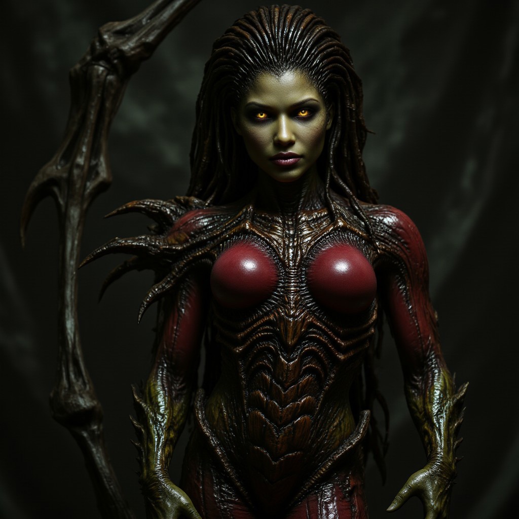 aidmafluxpro1.1, aidmarealisticskin, The image is a photograph of a female humanoid alien figure, likely a movie poster. The creature has an elongated, humanoid body with a female, muscular, athletic build. Its skin is a blend of dark green and reddish tones, with a scaly, textured surface that suggests a reptilian or insectoid origin. The creature's face is striking, with sharp, angular features, glowing yellow eyes, and a mouth filled with sharp teeth.