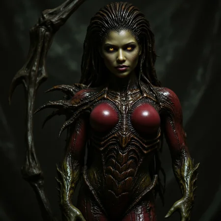 aidmafluxpro1.1, aidmarealisticskin, The image is a photograph of a female humanoid alien figure, likely a movie poster. The creature has an elongated, humanoid body with a female, muscular, athletic build. Its skin is a blend of dark green and reddish tones, with a scaly, textured surface that suggests a reptilian or insectoid origin. The creature's face is striking, with sharp, angular features, glowing yellow eyes, and a mouth filled with sharp teeth.