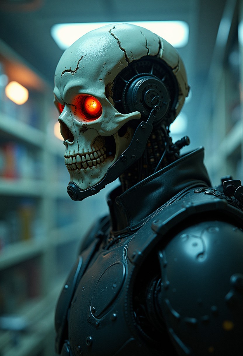 Cyberpunk, sci-fi, dark-fantasy, kodak portrait 400, 8k, soft light, volumetric lighting, highly detailed, britt marling style 3/4, portrait photo of a war man cyborg robot in a chemical laboratory + face, face is skullbone with scares, intricate, elegant, highly detailed, devil-armor, 2D motifs detailed dark fantasy digital painting, artstation, concept art, smooth, sharp focus, illustration, art by Otomo Katsuhiro and ShirÅ Masamune and Oshii Mamoru. Cosmic light in backfront