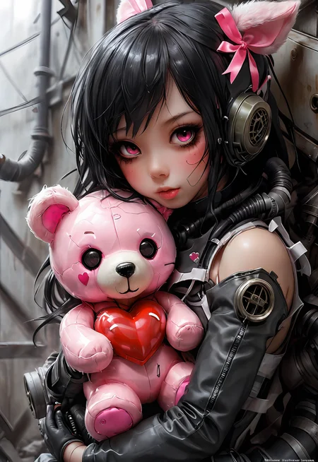 Darkness, horror, creepy, disease, mine - type, mass - produced type, gas mask, cross, ribbon, heart, slanted eyes, twintails, thick coating, black hair, pink eyes, hugging a teddy bear, art by hajime sorayama, <lora:Dystopia:0.8>