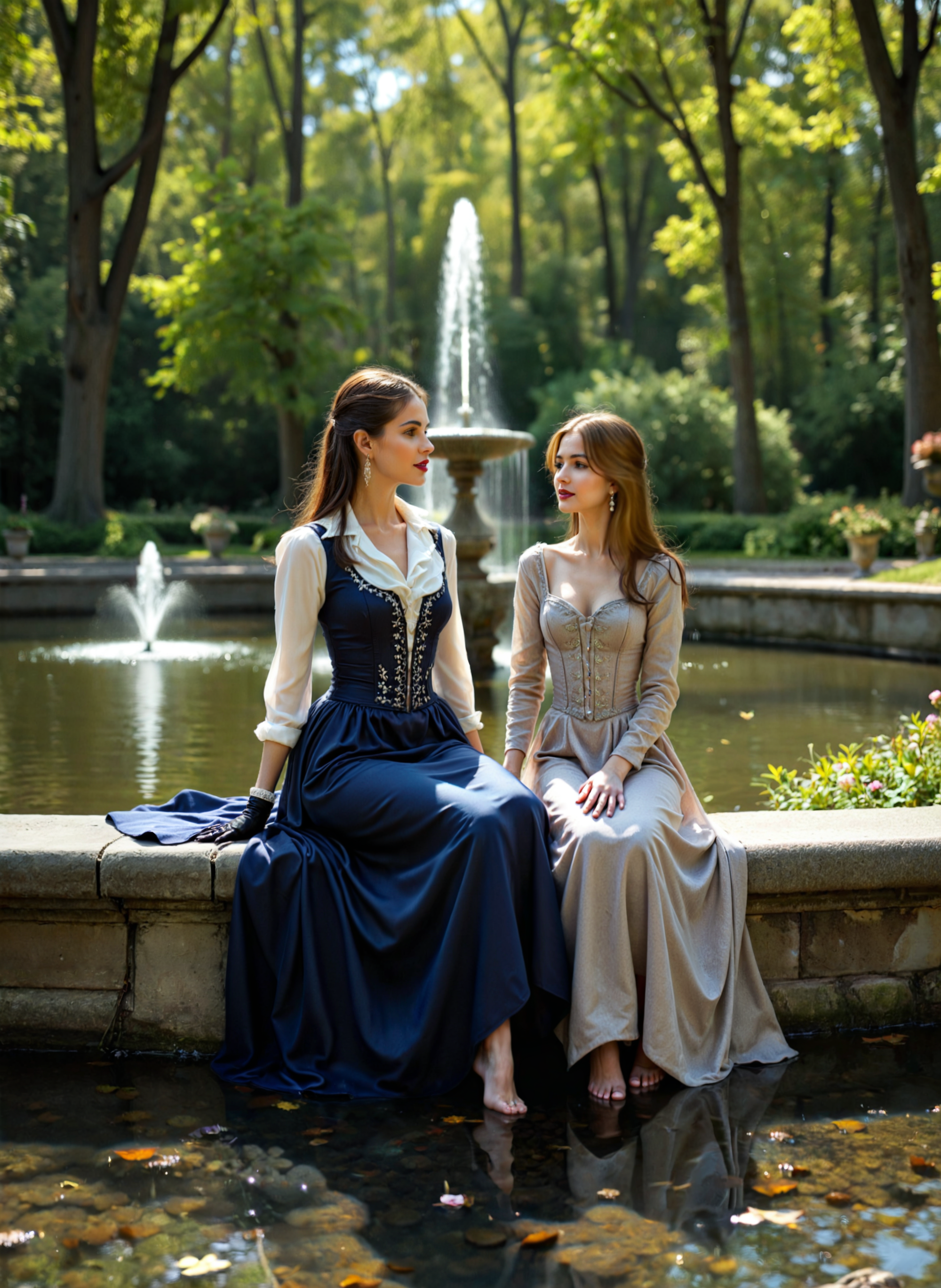 cinematic film still two young women sitting on a stone wall in a park. They are both dressed in elegant dresses, with one wearing a long blue dress and the other wearing a beige dress. The woman in the blue dress is sitting on the edge of the wall, with her legs crossed and her hands resting on her lap. She has long dark hair and is looking off to the side with a serious expression on her face. In the background, there is a fountain and trees with green foliage. The sky is blue, and the overall mood of the image is peaceful and serene. Shallow depth of field, vignette, highly detailed, high budget, bokeh, cinemascope, moody, epic, gorgeous, film grain, grainy. <lora:add-detail-xl:.5>  <lora:Flux-style-xl-lora:.5>