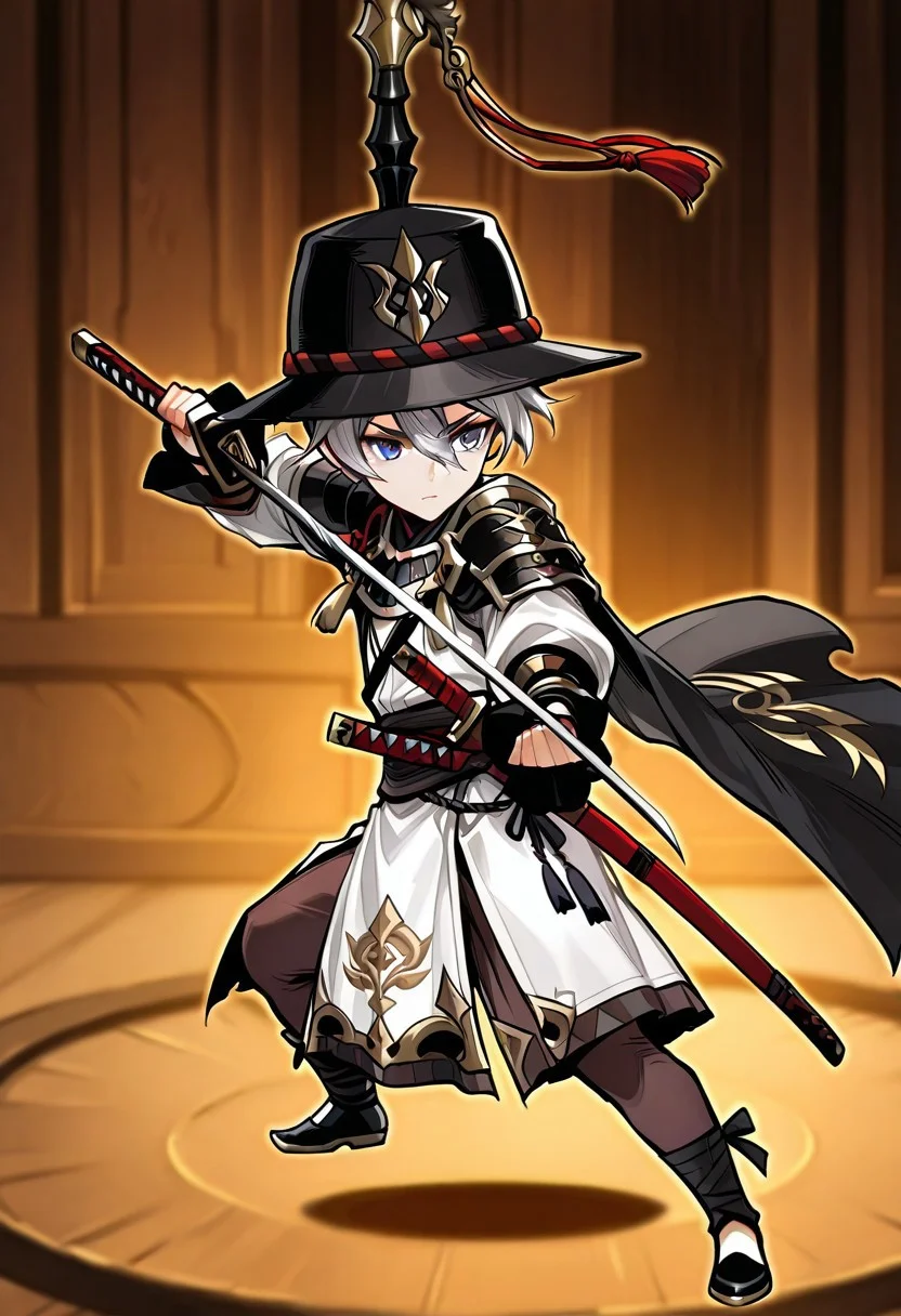 ace (seven knights), battlefrontwarrior, short hair, grey eyes, black headwear, white tunic, brown leggings, black cape, black shoes, katana, fighting stance