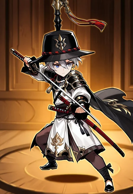 ace (seven knights), battlefrontwarrior, short hair, grey eyes, black headwear, white tunic, brown leggings, black cape, black shoes, katana, fighting stance