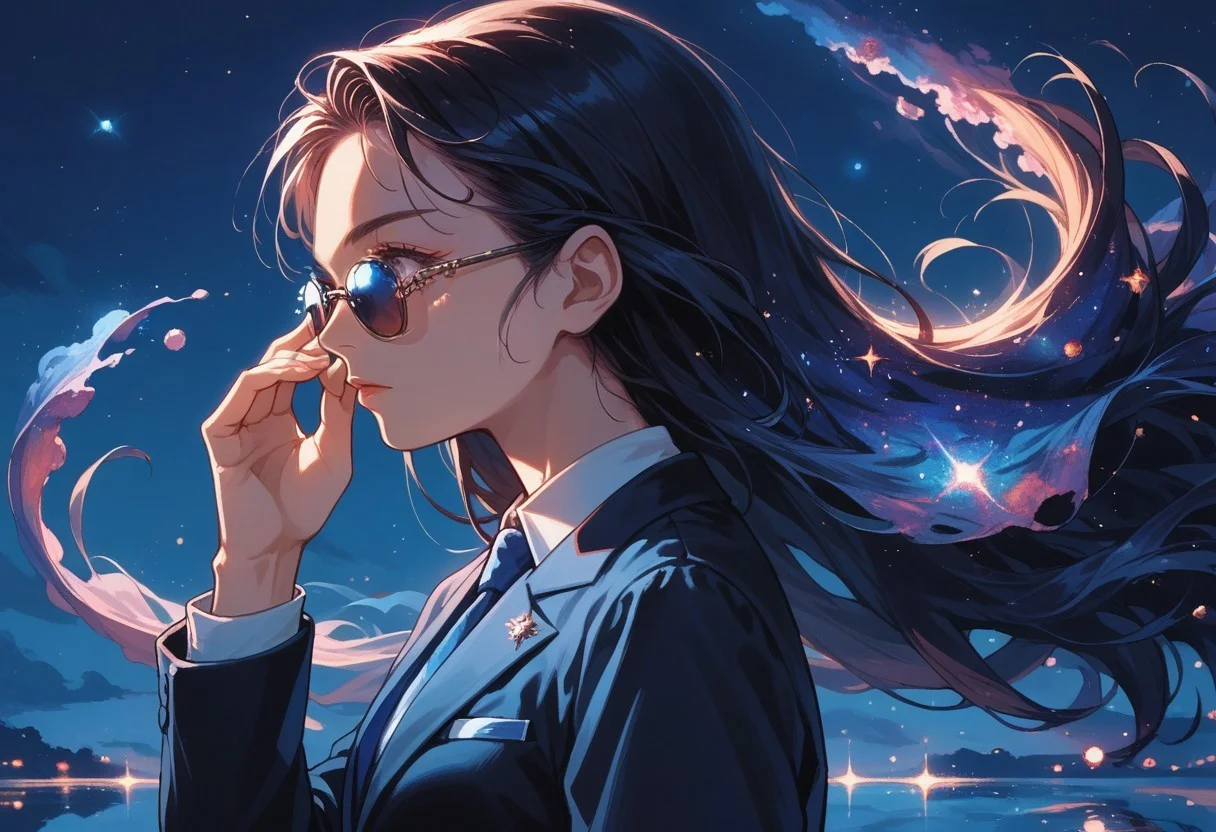 lazyup7, source_anime, 2d, side view, cowboy shot, night, 1girl, eye, sunglasses, reflection, long hair, black hair, wind, adjusting eyewear, suit, tie, galaxy
